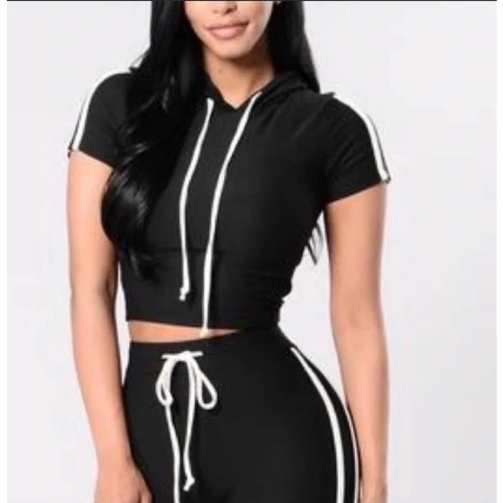 Fashion Nova Black Double White Striped Casual Active High Waisted Leggings - Picture 8 of 15